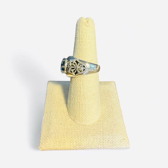 Intricate Sterling Silver Blue Topaz Filigree Ring - Oval Cut .925 Size 8 - Picture 2 of 4